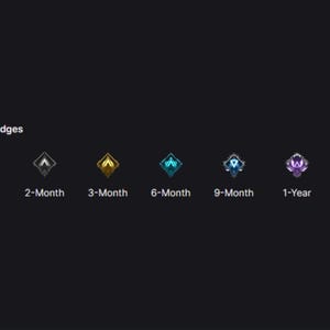 May include: A row of eight badges with different colors and designs, representing different levels of achievement. The badges are labeled "Base", "2-Month", "3-Month", "6-Month", "9-Month", "1-Year", and "1.5-Year".