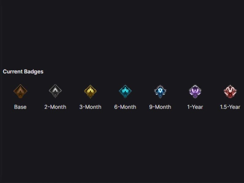 May include: A row of eight badges with different colors and designs, representing different levels of achievement. The badges are labeled "Base", "2-Month", "3-Month", "6-Month", "9-Month", "1-Year", and "1.5-Year".