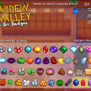 Peut inclure: Téléchargement numérique de badges Stardew Valley Sub/Bit. L'image présente 53 icônes de minéraux en pixel art, avec diverses couleurs et formes. Le texte comprend "Stardew Valley" et "Sub/Bit Badges", ainsi que des informations sur la taille des pixels.