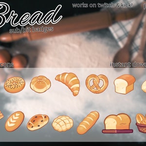 Puede incluir: Un conjunto de 14 iconos de pan ilustrados en varias formas y estilos, incluyendo una baguette, un croissant, un pretzel y una hogaza de pan. Los iconos son de estilo de dibujos animados y son perfectos para usar como insignias de Twitch o Kick. El texto "Bread sub/bit badges" y "works on twitch & kick!" también está incluido en la imagen. La imagen también incluye el texto "px sizes: 72x72 36x36 18x18" y "14 icons instant download".