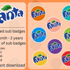 Puede incluir: Una descarga digital de 9 insignias de logotipo de Fanta diferentes en varios colores. Las insignias tienen forma circular con un fondo blanco. El texto en las insignias dice "Fanta". El texto debajo de las insignias dice "insignias de subtemas 1 mes - 2 años de insignias de subtemas tamaños de píxeles: 72x72 36x36 18x18 descarga instantánea".