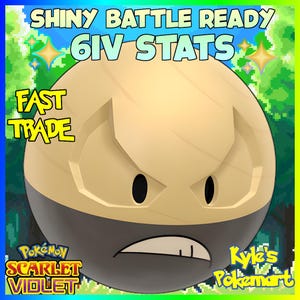 Puede incluir: Gráfico digital de un Voltorb enfadado de Pokémon. La imagen incluye texto que dice "Shiny Battle Ready 6IV Stats" y "Fast Trade". También está presente el logotipo de Pokémon Escarlata y Púrpura.