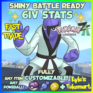 May include: An image promoting Pokémon Legends with a purple and white character. Text includes "Shiny Battle Ready 6IV Stats" and "Fast Trade." Additional text states "Fully Customizable! Any Item, Any Pokeball!" and "Kyle's Pokemart."