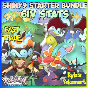 May include: A digital graphic featuring various Pokémon characters, including Charizard, Greninja, and others. The image has text that reads "SHINY9 STARTER BUNDLE 6IV STATS" and "FAST TRADE". The bottom right corner has the text "Kyle's Pokemart".