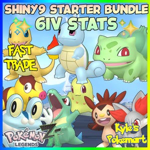 Op de afbeelding: Een digitale afbeelding met verschillende Pokémon-personages, waaronder Charmander, Squirtle en Bulbasaur. De afbeelding bevat de tekst "SHINY9 STARTER BUNDLE 6IV STATS" en "FAST TRADE". De tekst "Kyle's Pokemart" staat rechtsonder.
