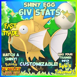 Op de afbeelding: Een digitale afbeelding met een gouden visachtig wezen met witte vinnen en een wit oog, en een wit en groen ei. Tekst bevat "SHINY EGG 6IV STATS", "FAST TRADE", "HATCH A SHINY!" en "CUSTOMIZABLE!"