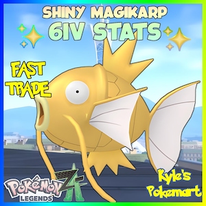 Op de afbeelding: Een digitale illustratie van een gouden Magikarp met witte vinnen en snorharen. Tekst bevat "Shiny Magikarp 6IV Stats" en "Fast Trade". De afbeelding bevat ook de tekst "Kyle's Pokemart" en het Pokemon Legends-logo.