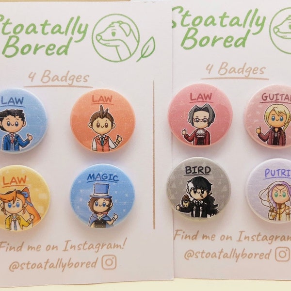 Phoenix Wright: Ace Attorney Apollo Justice Trilogy Hand-Drawn Handmade 25mm/38mm Button Pin Badges (Sets of 4)