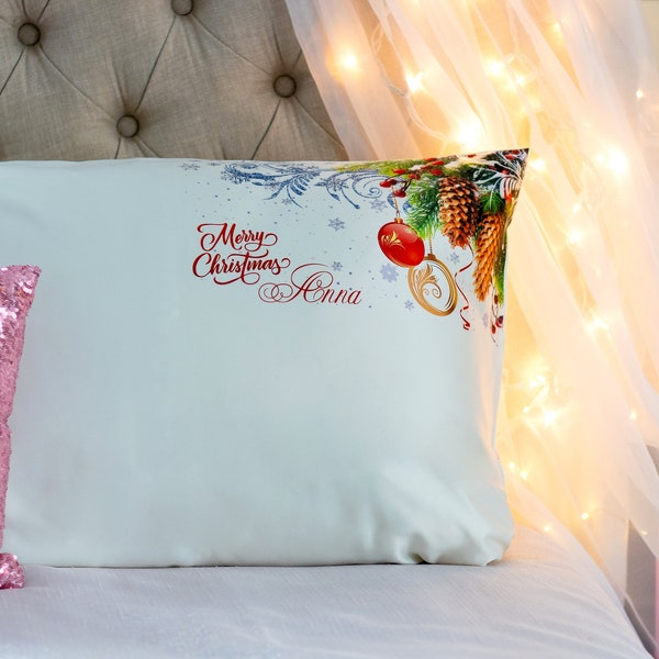 Christmas Customized Satin Pillowcases with Personalization Options with Funny Inscriptions and Prints and Monogram
