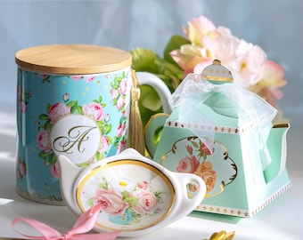 Tea lover gift set Ceramic gift for sister or coworker High tea party favor Fairy tea cup and cup tea bag holder and spoon Set for adult