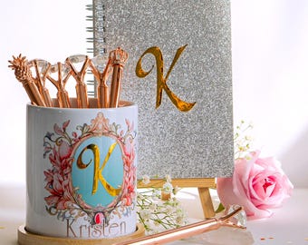 Personalized Desk Organizer Gift Set: Pen Holder, Notebook & Bamboo Stand