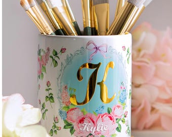 Cute Makeup Brush Holder for Desk with pink Bow and Name Monogram Desk Organizers Personalized Gift for Women and Sister or Teenage Girl
