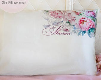 Personalized Silk Pillowcase, Mulberry Silk Floral Pillowcase with Name, Luxury Gift for mom or wife, Anti Aging Hair Skin Pillow