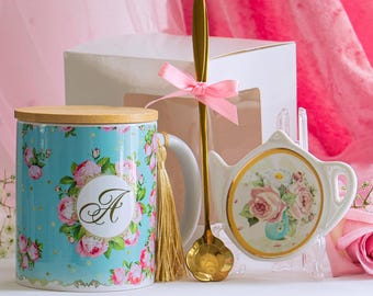 Gift set for tea lover High tea party favor Mug tea bag holder and spoon Ceramic Tea set
