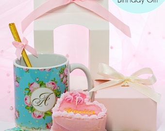 Mini tea set for girl with custom name Birthday candle and personalized mug Cutie gift for 17th birthday or for any other age