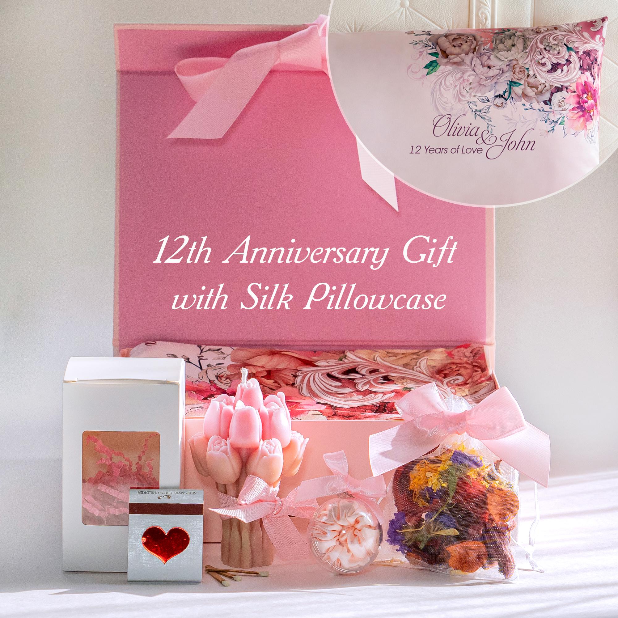 12th Anniversary Gift for Wife, Personalized Silk Pillowcase Gift Box, Silk Anniversary Gift for Her, Pamper Gift Set for 12th wedding