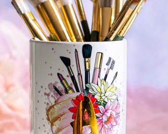 Personalized Ceramic Makeup Brush Holder with Wood Stand: Monogrammed Gift