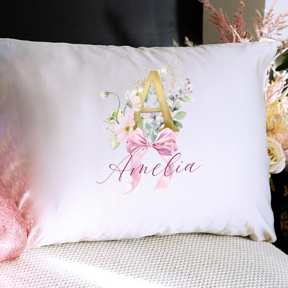 Sateen Coquette PillowCase with bow centerpiece and Name letter for  sleepover Sister or Teenage Girl for 10 year old girl gift 15th birthday