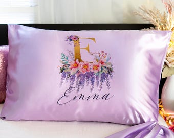 Gift for Teenage girl 14th anniversary Custom satin lilac pillowcase with Monogram and Name for sister birthday cute teen girl room décor