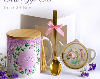 Personalized Tea Gift Set with Floral Mug, Spoon and Teabag Holder in Gift Box