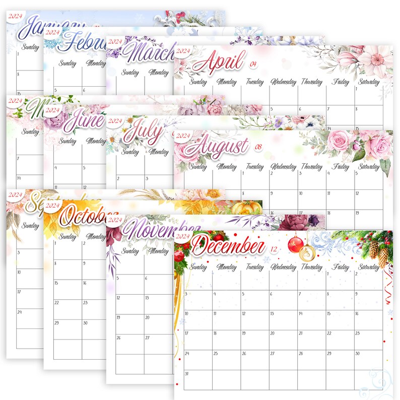 2024 Printable Calendar, PDF Flower Calendar, 2024 Monthly Calendars