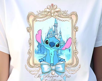 Cute Stitch Coquette T-shirt, Disney Castle lilo en Stitch shirt, Disneyland bijpassende T-shirt, Magic Kingdom, unisex outfit, vakantie-T-shirt
