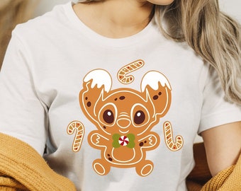 Linda camiseta navideña de Gingerbread Stitch, camisa de Navidad de Disney Lilo&Stitch, puntada de Navidad de Disney, camiseta de Disneyland, camiseta para niños, camisa unisex