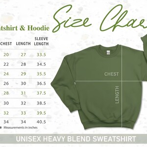 May include: Size chart for a unisex heavy blend sweatshirt. The chart shows measurements in inches for chest, length, and sleeve length for sizes S through 5XL.