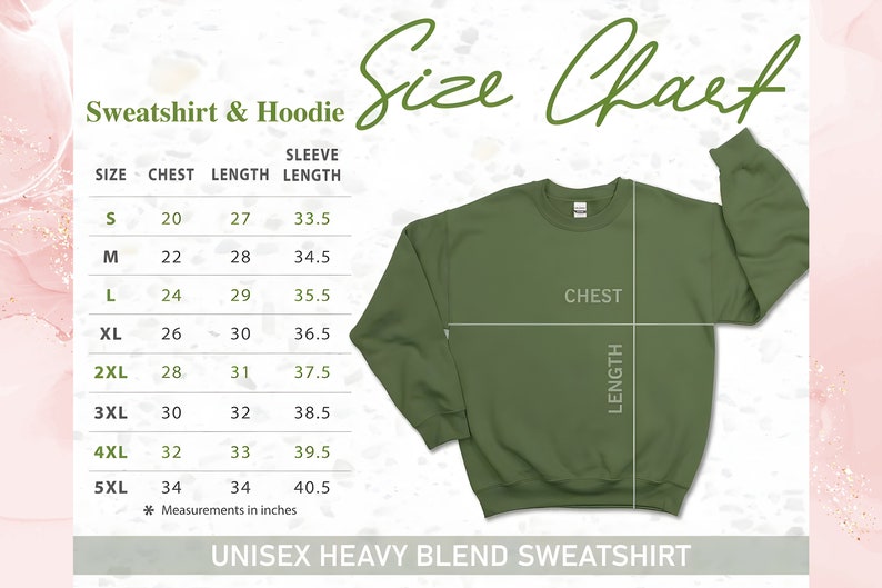 May include: Size chart for a unisex heavy blend sweatshirt. The chart shows measurements in inches for chest, length, and sleeve length for sizes S through 5XL.