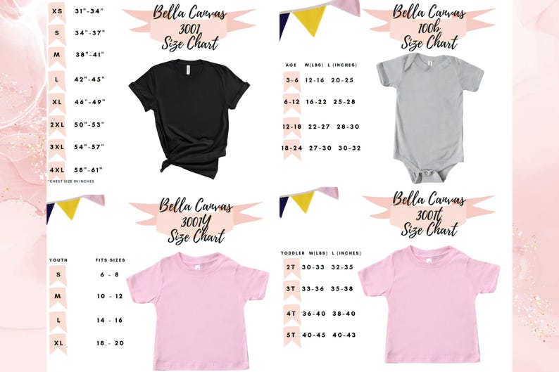 May include: Bella Canvas size chart for t-shirts and onesies. The chart shows sizes for youth, adult, and toddler sizes. The chart includes measurements in inches.