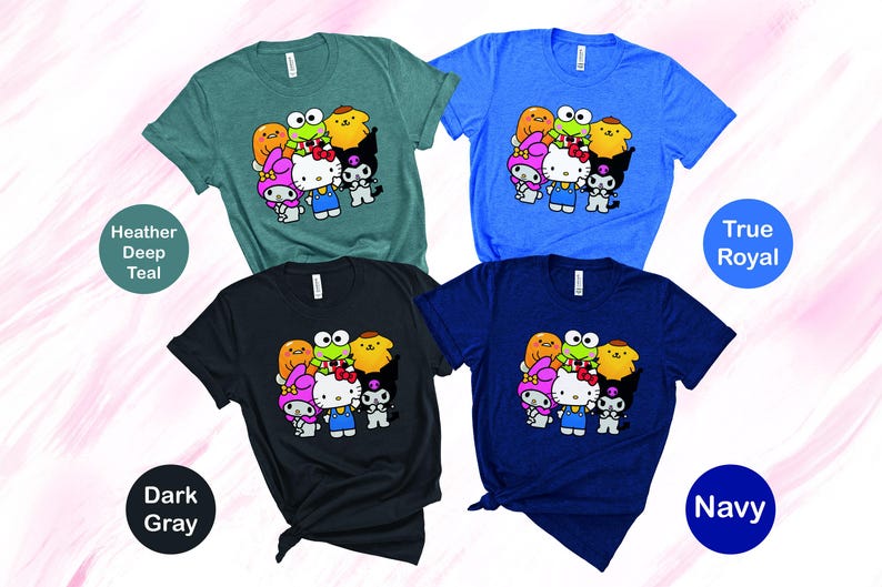May include: Four t-shirts featuring a cartoon character graphic print. The t-shirts are in the colours heather deep teal, true royal, dark grey, and navy.