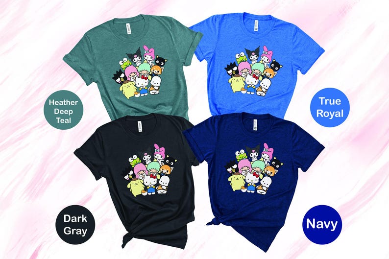 May include: Four t-shirts with a graphic print of cartoon characters. The t-shirts are in the colors heather deep teal, dark gray, true royal, and navy. The characters are from the Sanrio brand.