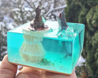 Seal and Shark Resin Decor, Paperweight, Water Resin Diorama, Ocean Diorama, Table Decor, Epoxy Resin, Resin Cube, Cube