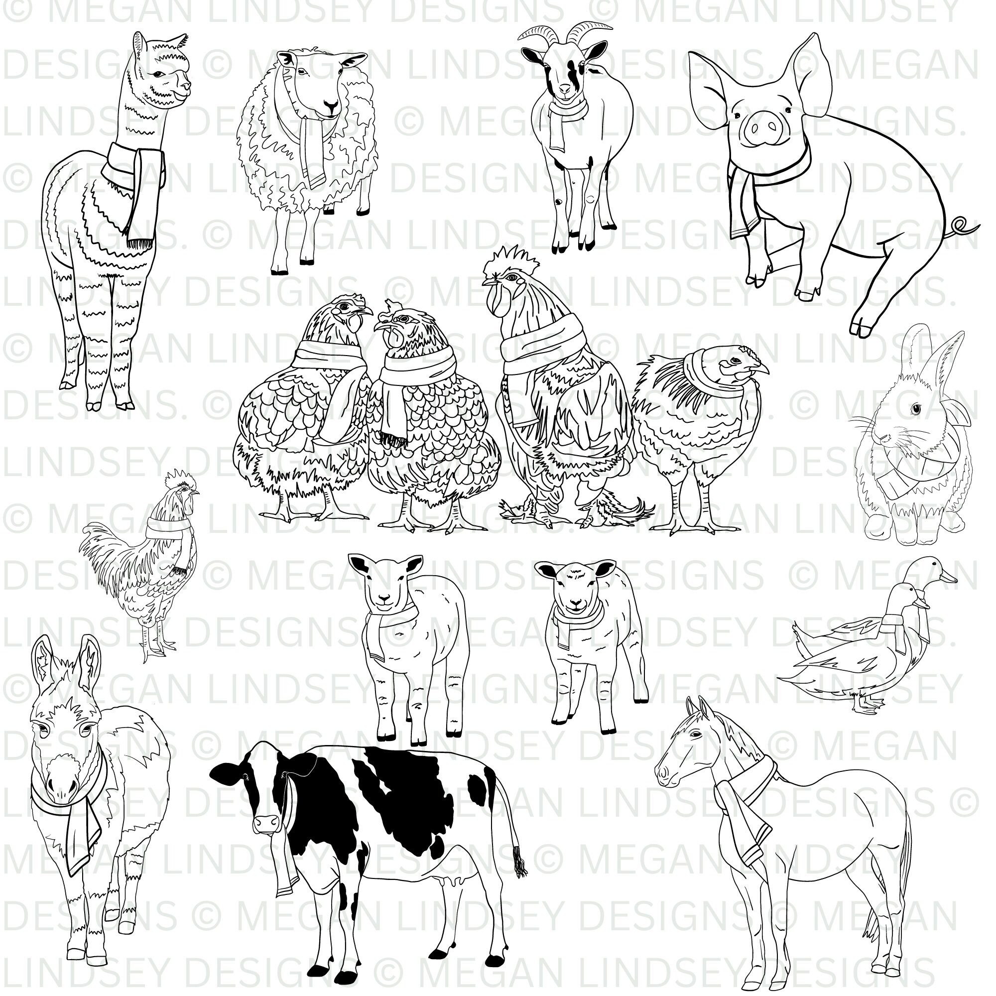 Christmas Farm Animals SVG PNG Clipart | Holiday Animals | Winter Scarf ...