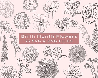 Birth Month Flower SVG Bundle, Wildflower Clipart (Digital Download)