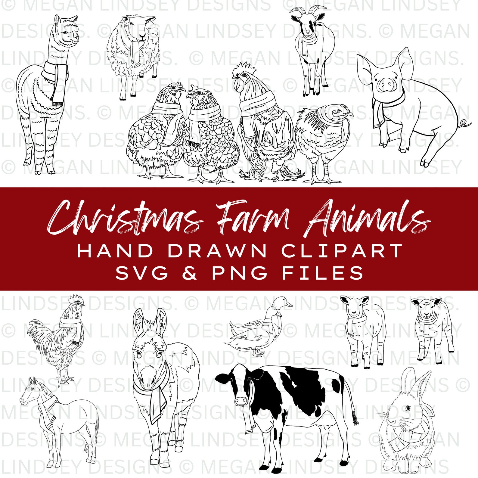 Christmas Farm Animals SVG PNG Clipart | Holiday Animals | Winter Scarf ...