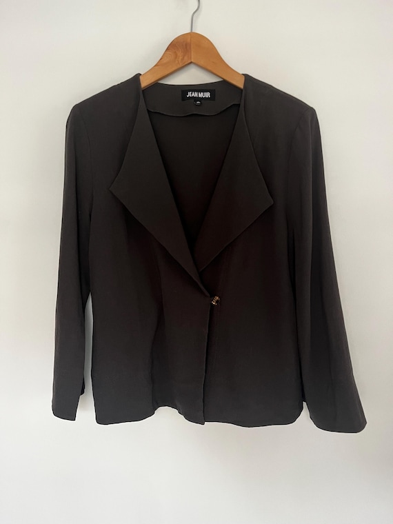 Jean Muir, Jean Muir Dark Olive Grey Wool Crepe Lined Single Button Blazer Jacket UK 12 - Vintage