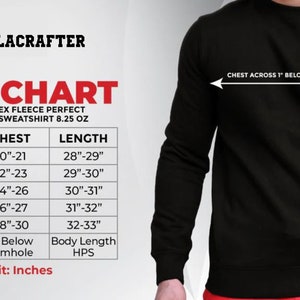 Puede incluir: Tabla de tallas para una sudadera con cuello redondo de forro polar unisex. La tabla muestra las medidas de pecho y longitud en pulgadas para las tallas S, M, L, XL y 2XL. La tabla tambi&eacute;n incluye instrucciones para medir el pecho a 1 pulgada por debajo de la sisa y la longitud del cuerpo.
