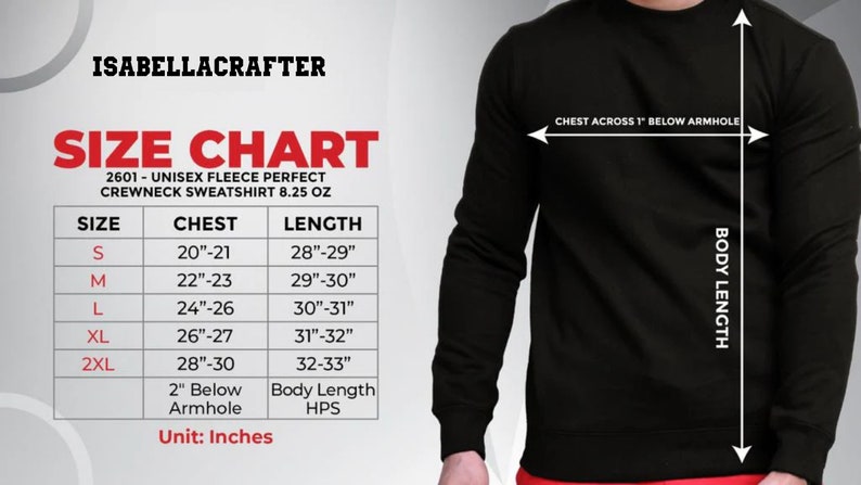 Puede incluir: Tabla de tallas para una sudadera con cuello redondo de forro polar unisex. La tabla muestra las medidas de pecho y longitud en pulgadas para las tallas S, M, L, XL y 2XL. La tabla tambi&eacute;n incluye instrucciones para medir el pecho a 1 pulgada por debajo de la sisa y la longitud del cuerpo.