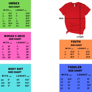 Puede incluir: Tabla de tallas para camisetas unisex, cuello en V para mujer, j&oacute;venes, ni&ntilde;os peque&ntilde;os y bodies. La tabla muestra las medidas de ancho y largo en pulgadas para cada talla.