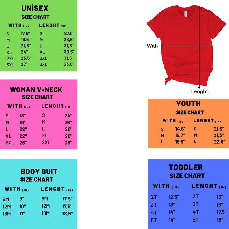 Puede incluir: Tabla de tallas para camisetas unisex, cuello en V para mujer, j&oacute;venes, ni&ntilde;os peque&ntilde;os y bodies. La tabla muestra las medidas de ancho y largo en pulgadas para cada talla.