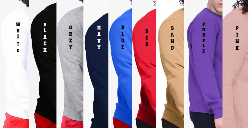 Puede incluir: Un conjunto de diez sudaderas de manga larga en varios colores, incluyendo blanco, negro, gris, azul marino, azul, rojo, arena, morado y rosa. Cada sudadera tiene una palabra vertical impresa en la manga, como "WHITE", "BLACK", "GREY", "NAVY", "BLUE", "RED", "SAND", "PURPLE", y "PINK".