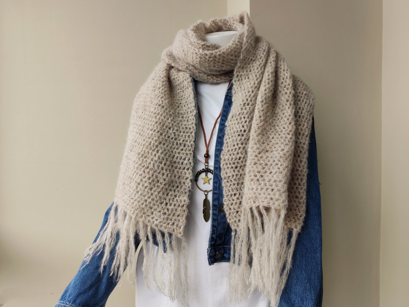 White Alpaca Silk Wool Scarf. Crochet Wrap for Woman. Cozy Crochet ...