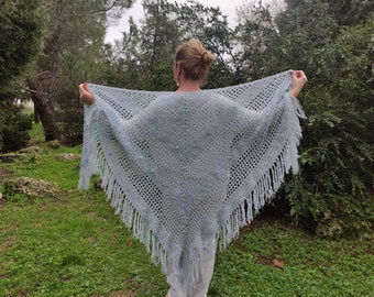Alpaca silk large shawl for boho woman. Vintage style woman wool shawl. Alpaca retro wool wrap. Fringed blue shawl. Retro large cover up
