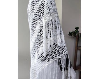 CROCHET SHAWL, BOHO Fringe Wrap Crochet Shawl for Bride, Handmade Crochet Shawl: Creamy White Bamboo Yarn, Boho Fringe Wrap For Bride