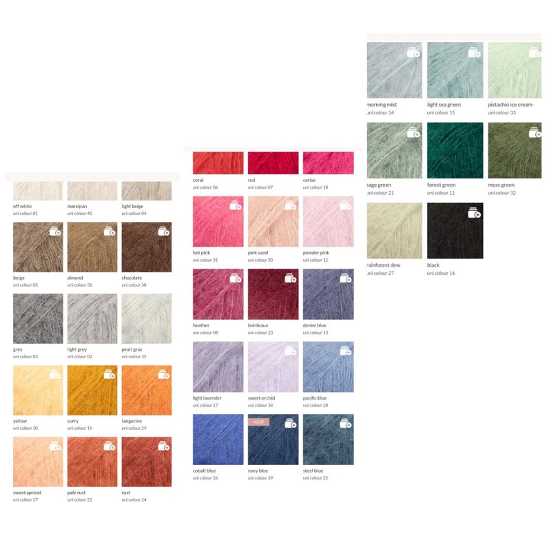 May include: A color chart of yarn samples in various shades of pink, red, blue, green, brown, gray, yellow, and orange. The yarn is a soft, fuzzy texture. The chart is labeled with the color name and number.