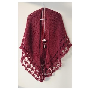 Alpaca Crochet Shawl boho style. Handmade wool crochet wrap for woman.Crochet shawl with shells border. Burgundy Alpaca lightweight shawl