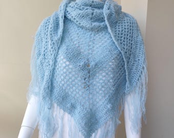 Alpaca wool handmade wrap with fringes. Light sea green alpaca and silk crochet shawl. Vintage style crochet shawl for woman.