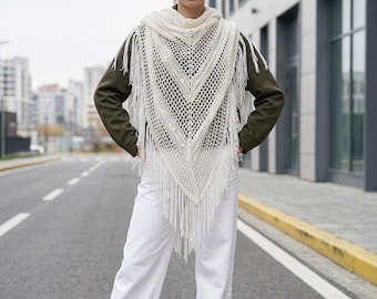 Creamy White Bamboo Crochet Shawl: Vintage Boho Fringed Wrap Accessory