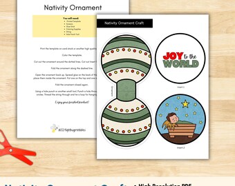 May include: Printable Nativity ornament craft template with instructions. The template includes a green and white striped ornament, a red and white ornament with the words "JOY to the WORLD", and a blue ornament with a baby Jesus in a manger.